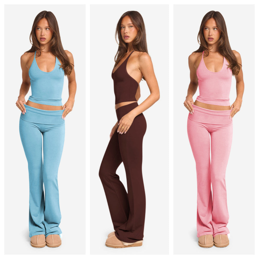 Fashionable Solid-Color Two-Piece Set With Strap Neck Tie