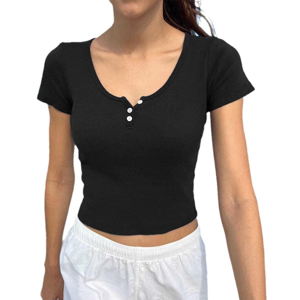 Y2g Waist-tight Thread Collar Decorated With Buttons Short-sleeved Top T-shirt