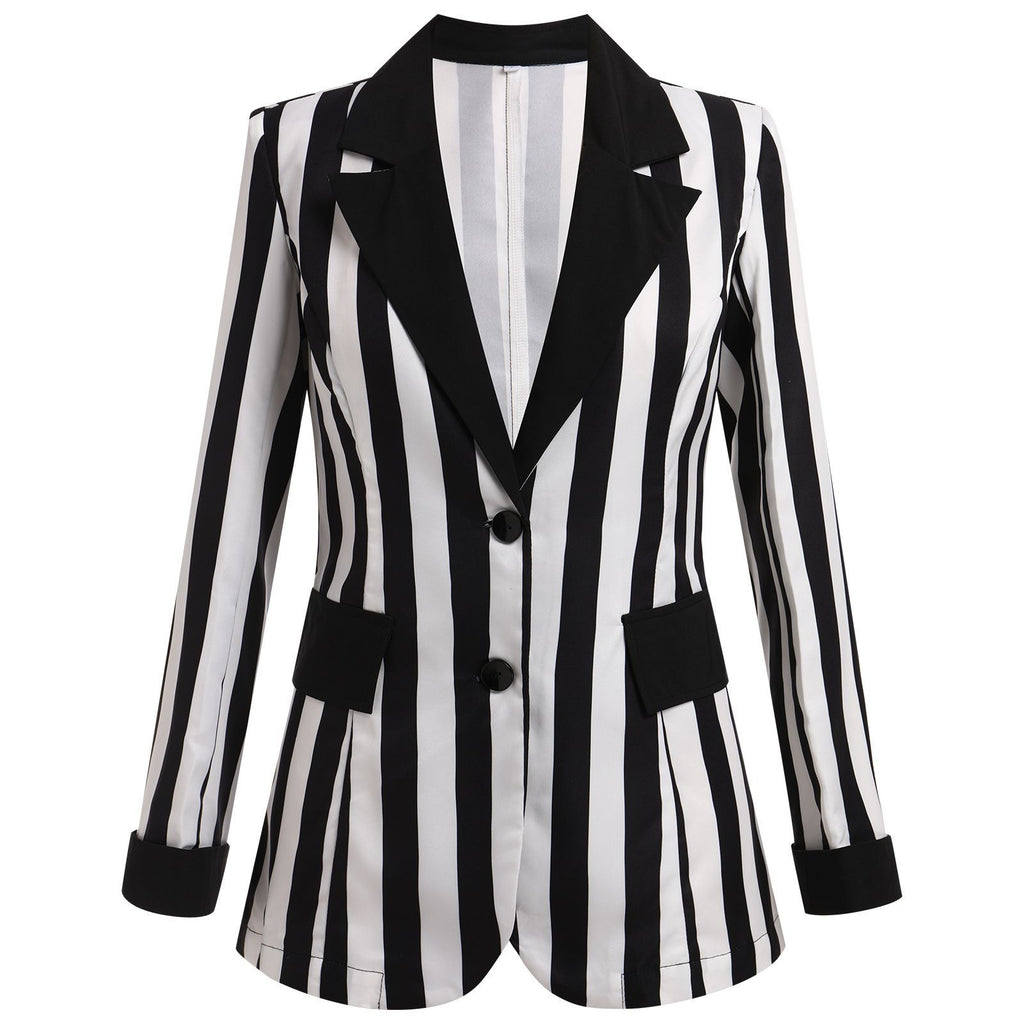 Womens Striped Slim-Fit Lapel Long-Sleeve Jacket
