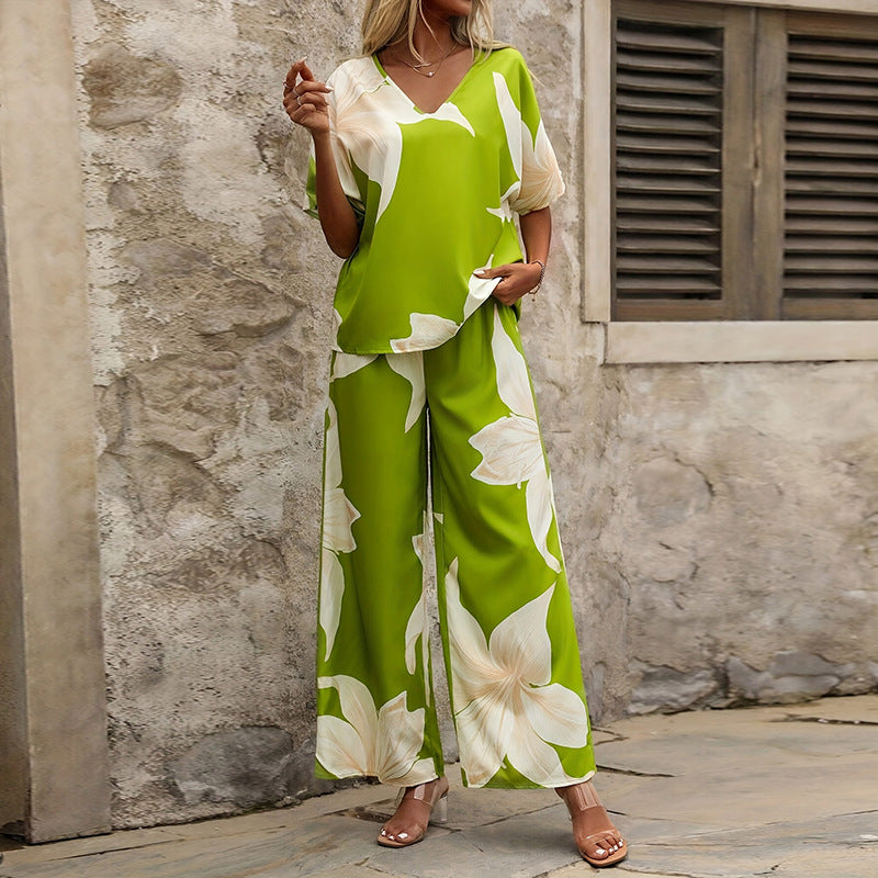 Printed V-neck Batwing-sleeve Top And Long Pants Two-piece Set