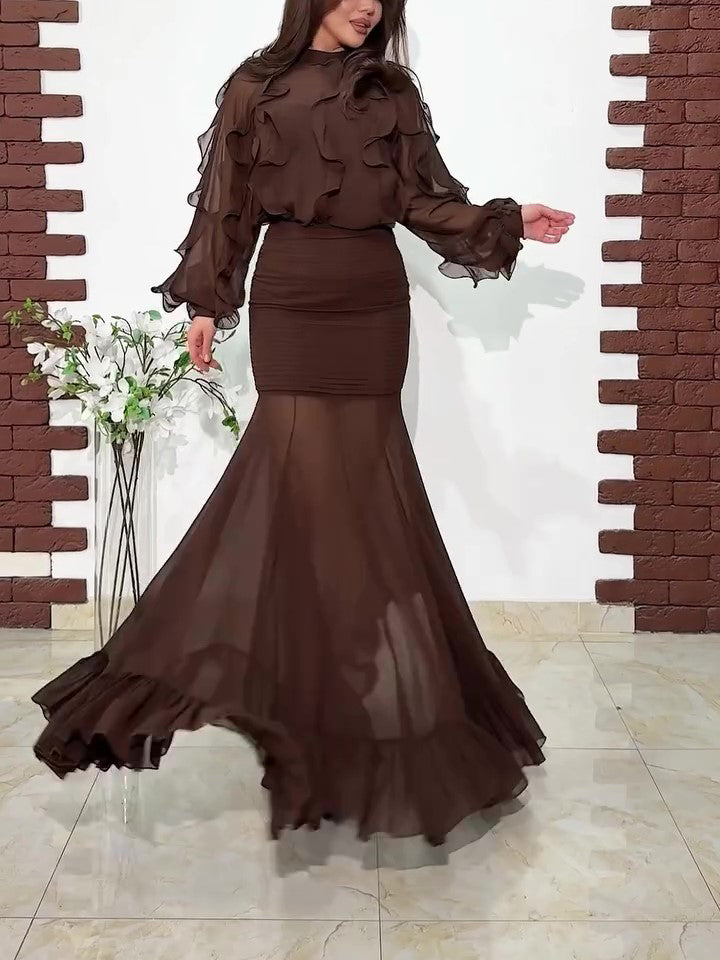 Dark Brown Ruffled Chiffon Blouse & Sheer Mermaid Maxi Skirt 2-Piece Set