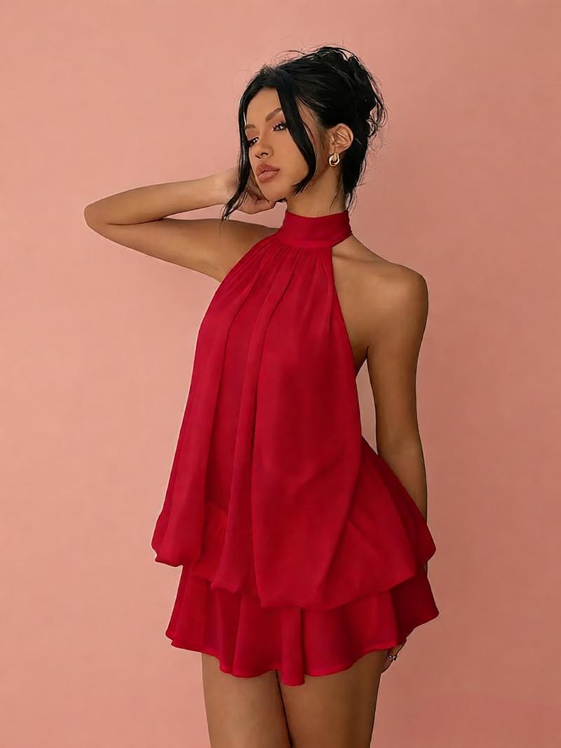 Chiffon Halter Tea Length Dress Sassy Skirt