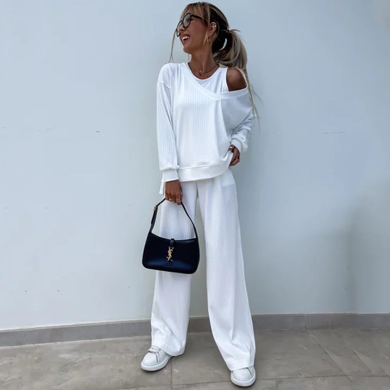 Women's Solid Color Vest Inner Match Long-sleeved V-neck Top Casual Pants Three-piece Set