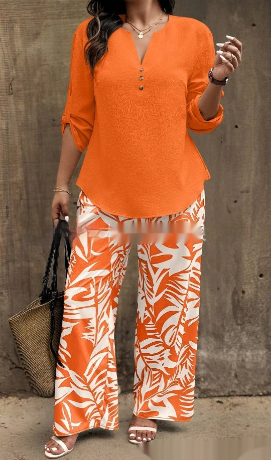 Ladies V-neck Shirt Tropical Plants Printed Pants Suit