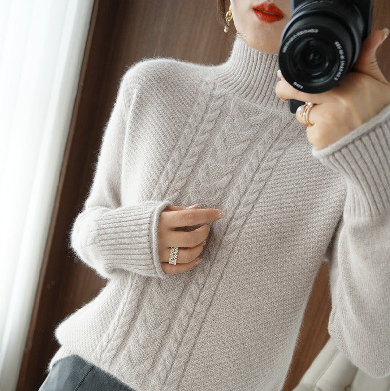 Womens Half-Turtleneck Sweater With Cable Knit And Thickened Design