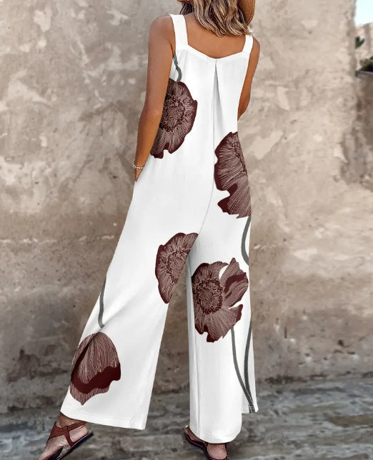 Floral Print Adjustable Strap Pocket Design Wide Leg Suspender Jumpsuit