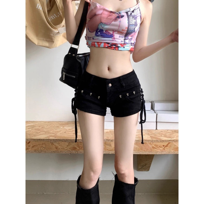High Quality American Retro Tight Black Denim Shorts
