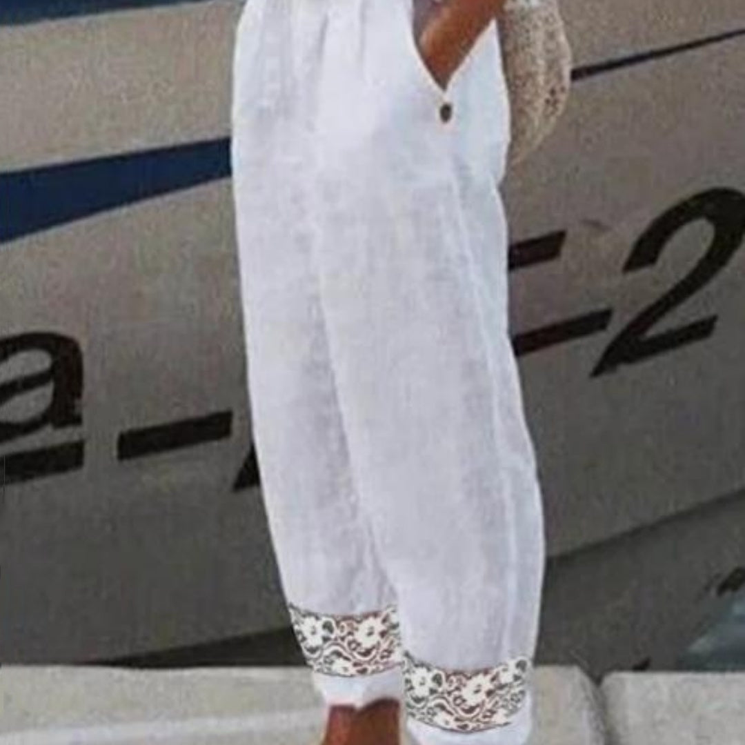 Women's Cotton Linen Elastic-waist Ankle-length Pants With Stitching Lace Feet