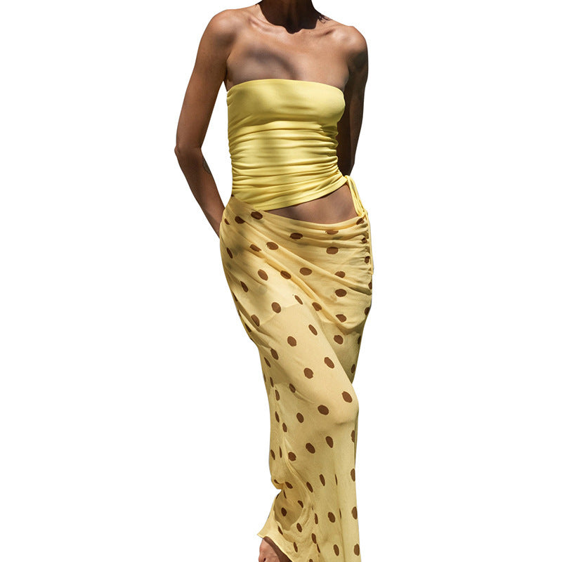 European And American Style Tube Top Hollow-out Dot Mesh Slim-fit Jumpsuit Long Dress For Women