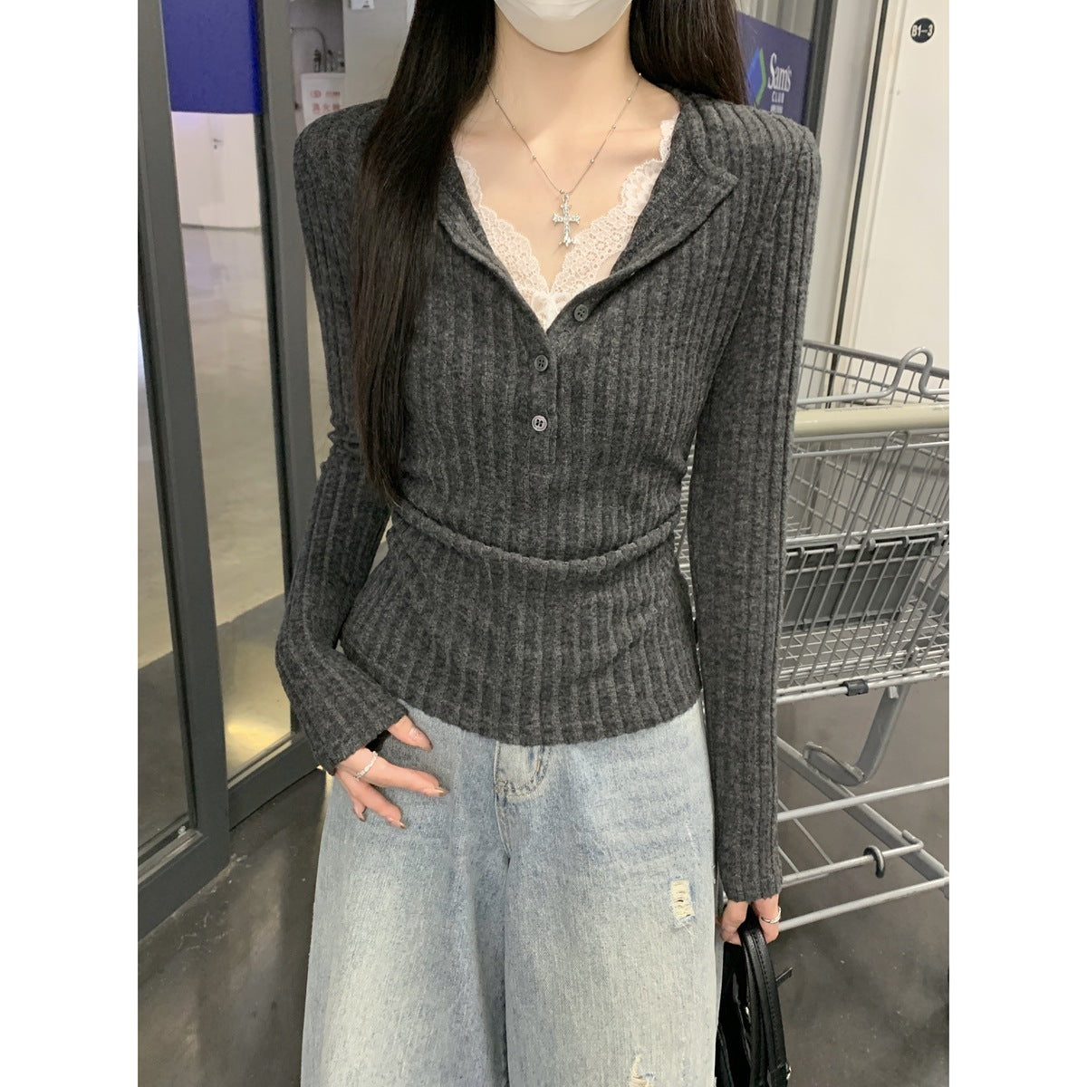 Button Half-open Collar Brushed Lace Patchwork Waist Pleated Top