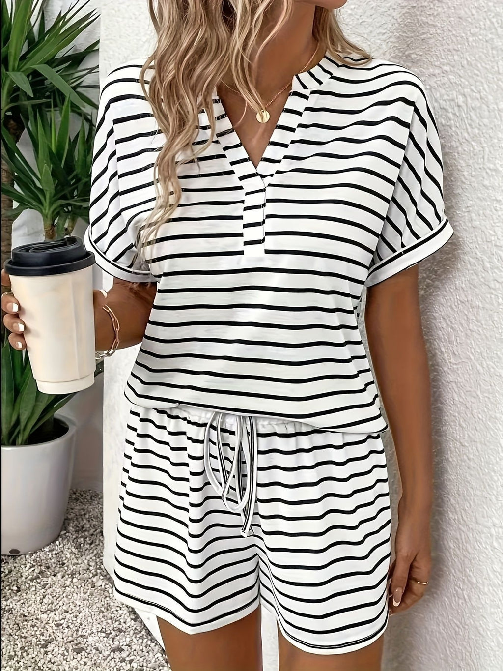 Round Neck Patchwork Stripes Short Sleeve All-matching