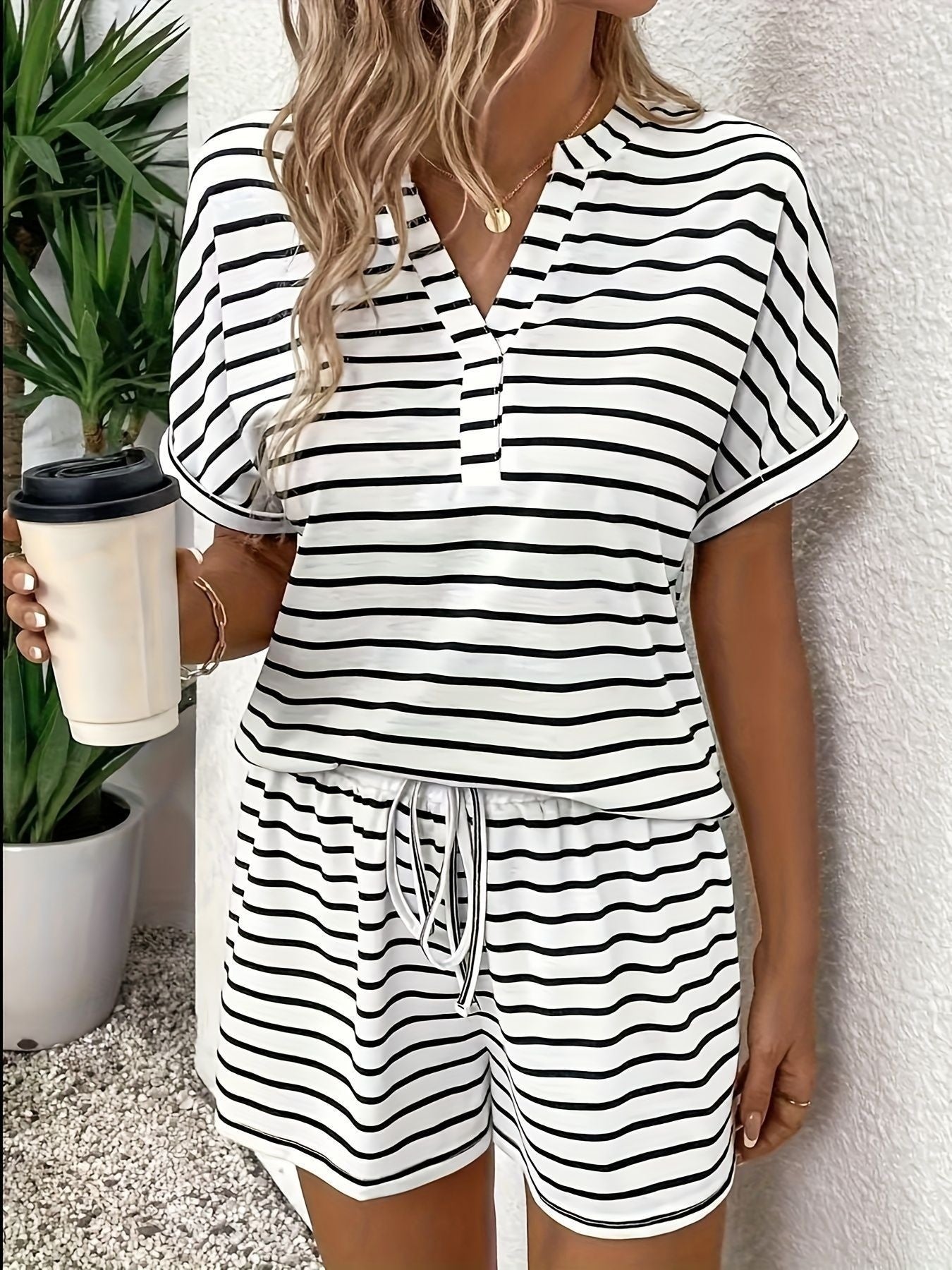 Round Neck Patchwork Stripes Short Sleeve All-matching
