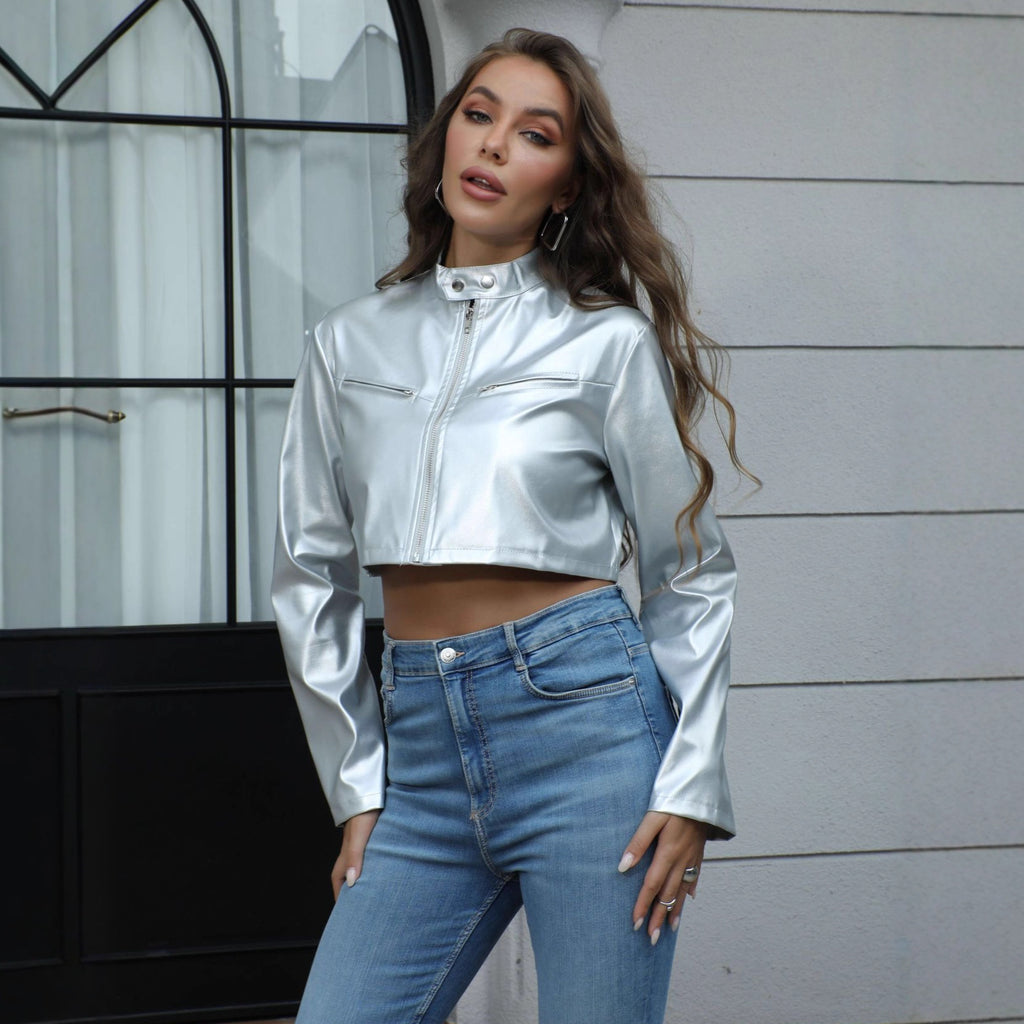 Women's Fashion Metallic Stand-collar Zipper Jacket