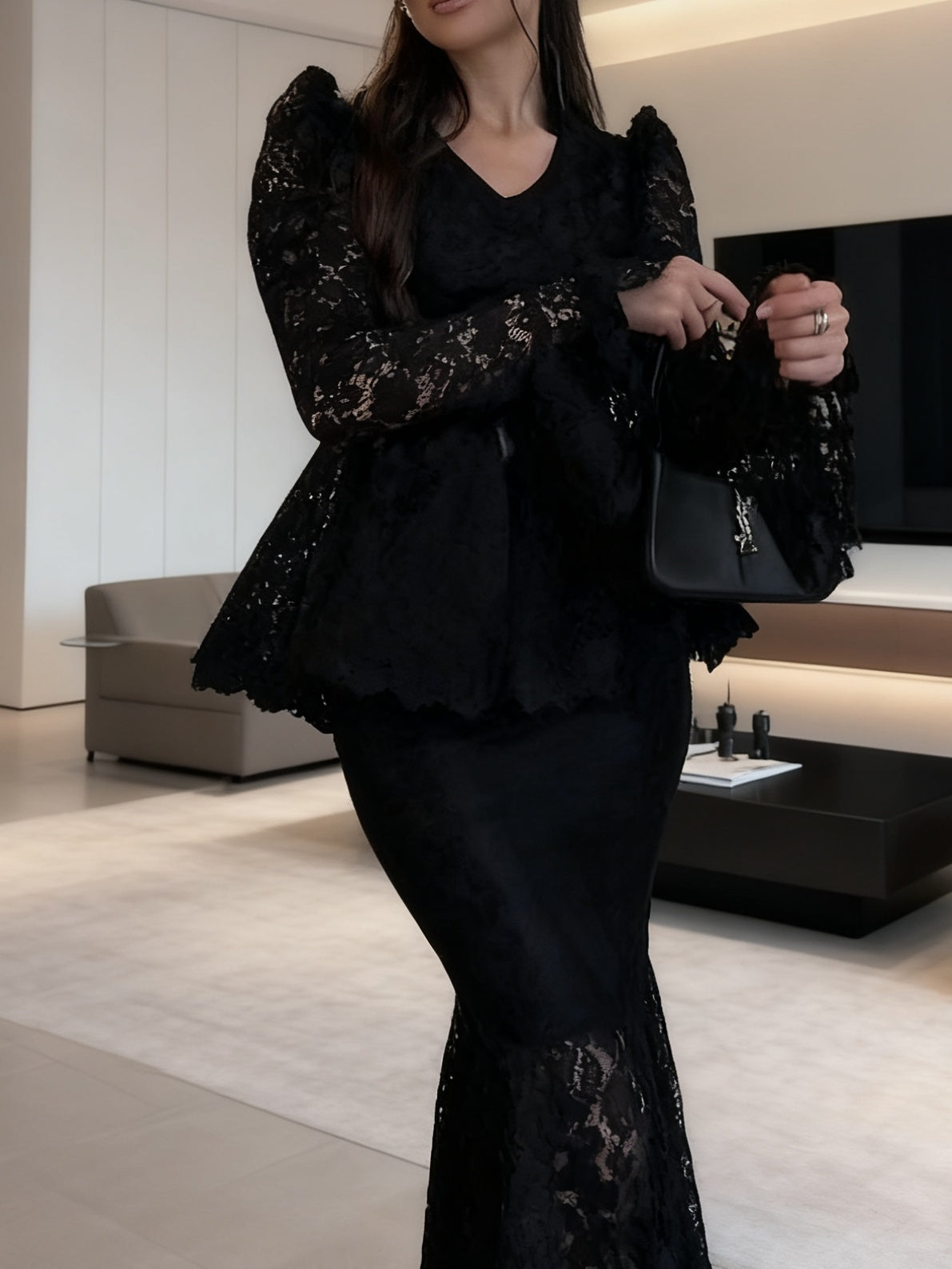 Glamorous Black Lace Peplum Top & Midi Skirt Set