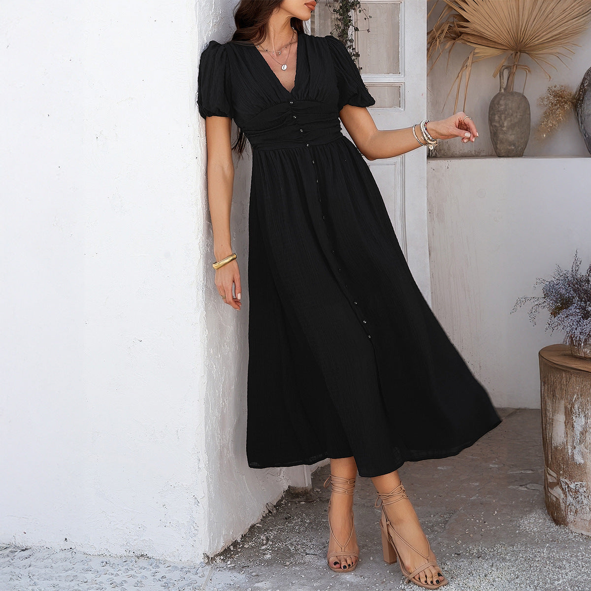 Leisure Commute Vacation Style V-neck High Waist Short Sleeve Split Dress Women