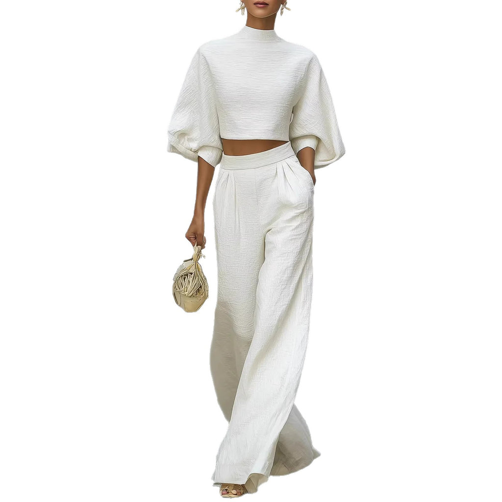 Womens Short Top And High-Waisted Casual Pants Two-Piece Set