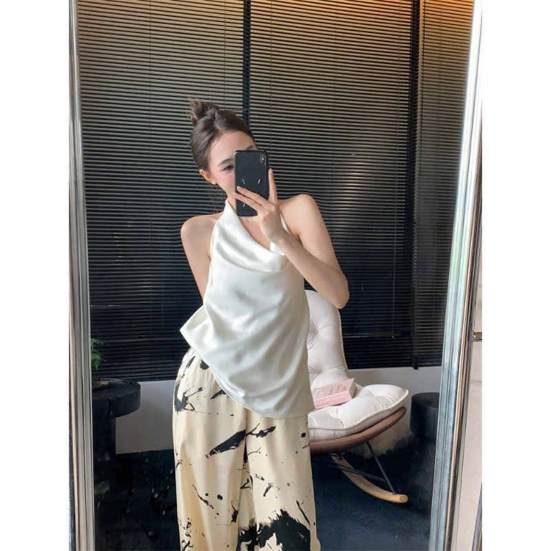 Satin Draping Effect Swing Collar Halter Spaghetti Straps Vest For Women