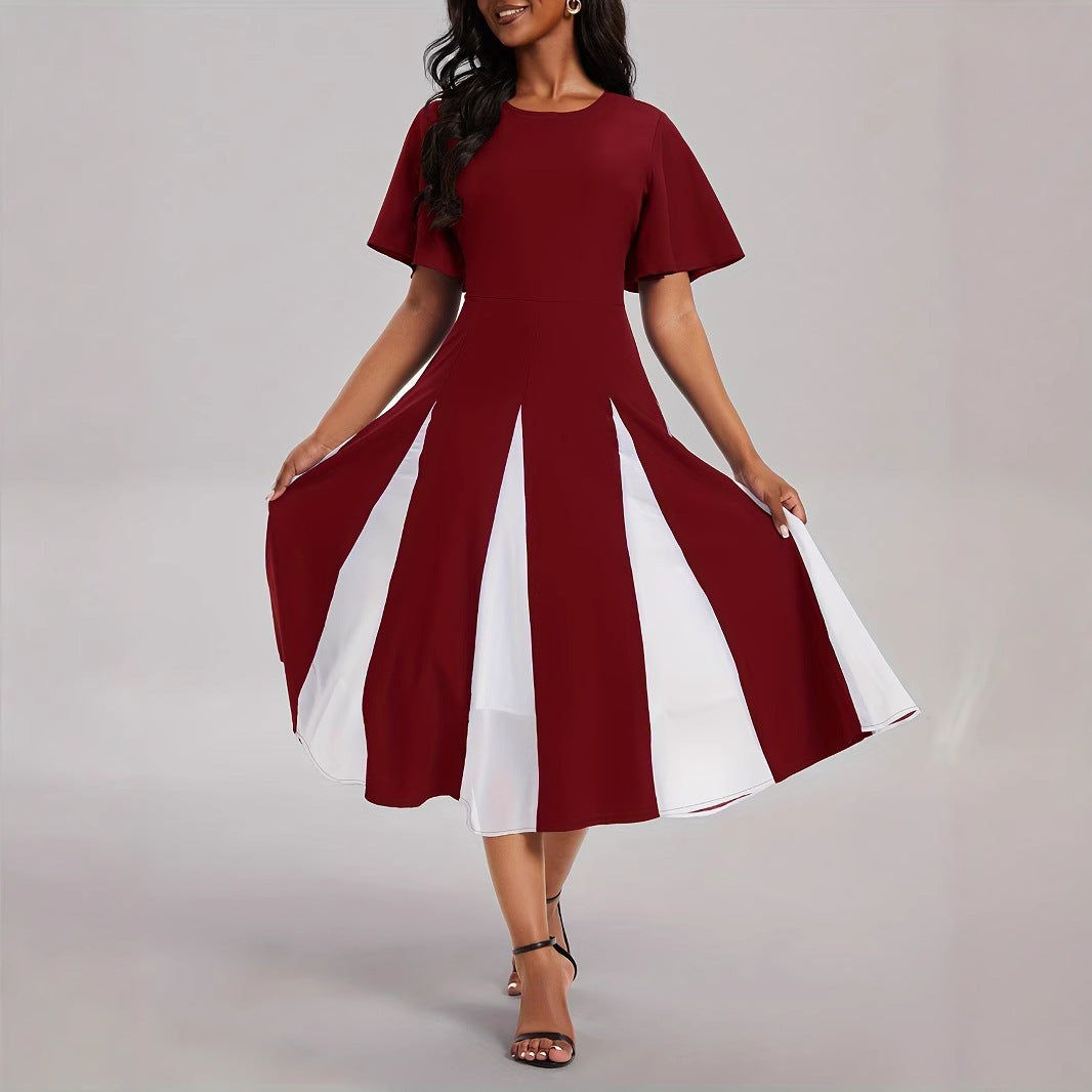 Contrast-color Chiffon Stitching Round Neck Short-sleeved Large Swing Dress Spring And Summer Women's Clothing