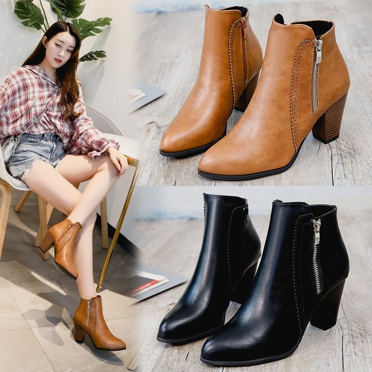 Retro Distressed Chunky Heel Side Zip Ankle Boots For Women