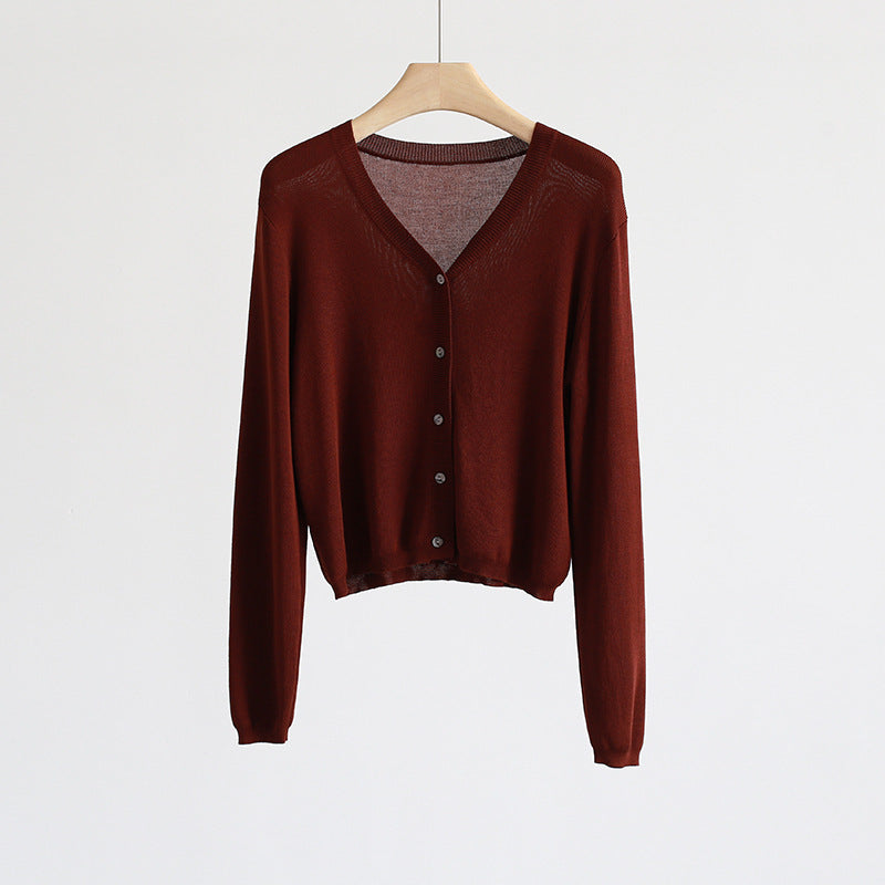 Spring And Summer V-neck Short Tencel Knitted Cardigan Pure Color All-matching