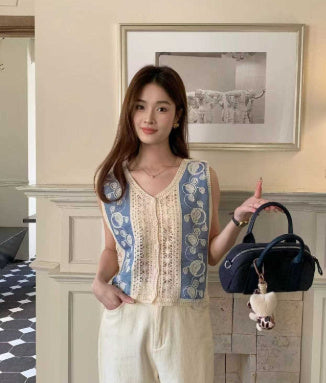 Heavy Industry Crochet Embroidery Denim Waistcoat Vest