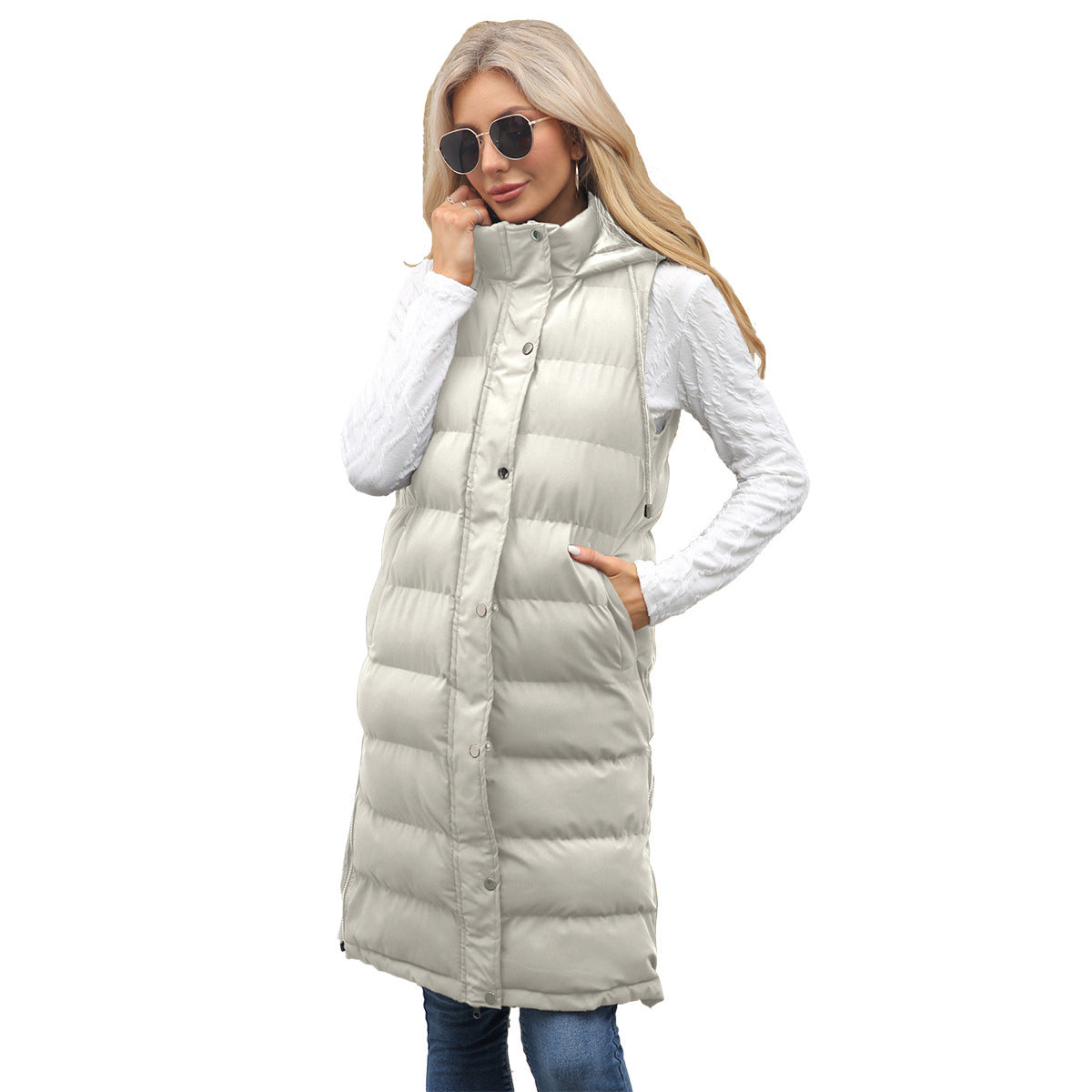 Ladies Hooded Sleeveless Zipper Cotton Padded Thickened