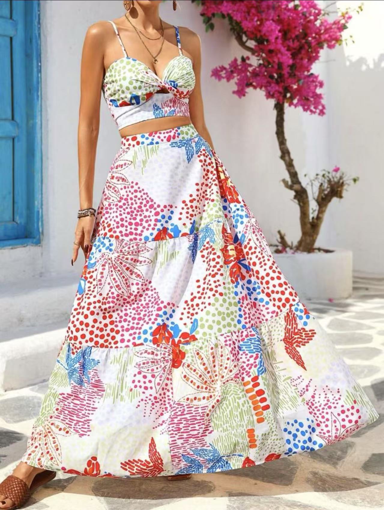 Printed Fashionable Slim-fit Suspender Skirt Suit Women