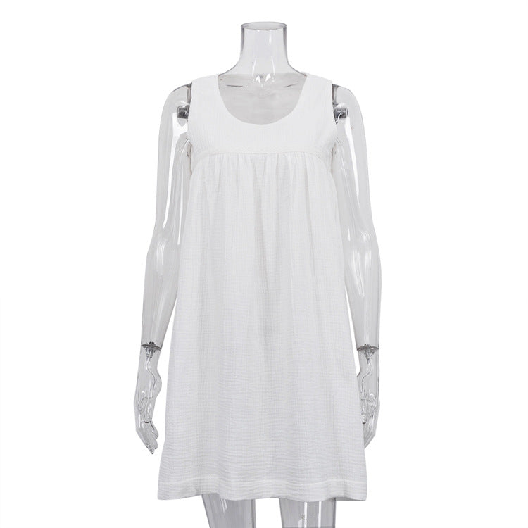 Casual White Tank Dress Cotton Crinkle Fabric Sleeveless & Loose-fitting Dress