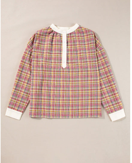 Colorblock Plaid Patchwork Henley Blouse