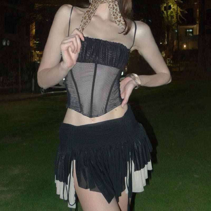 Mesh Top Sexy Hot Girl Pleated Low Waist Pleated Skirt Suit