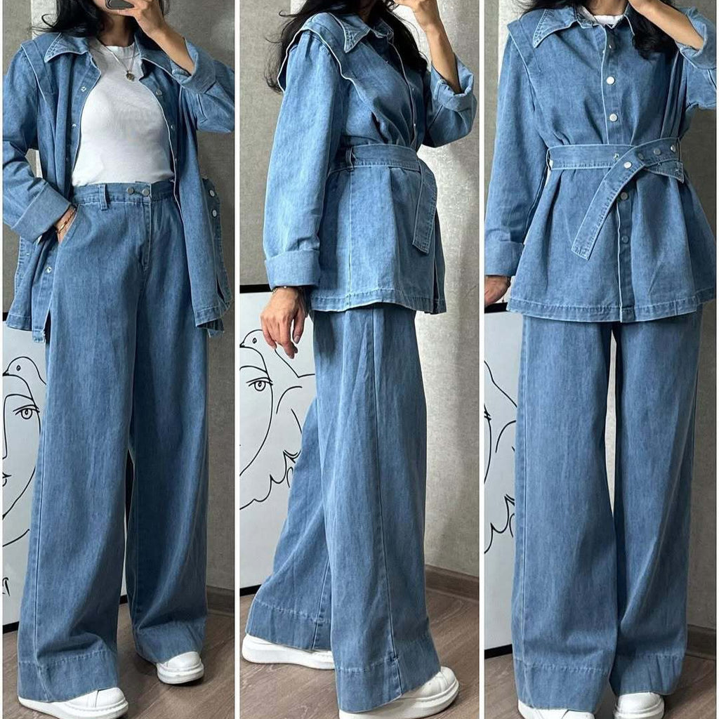 Womens Long-Sleeve Denim Jacket And Wide-Leg Jeans Two-Piece Set