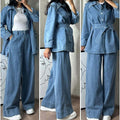 Womens Long-Sleeve Denim Jacket And Wide-Leg Jeans Two-Piece Set