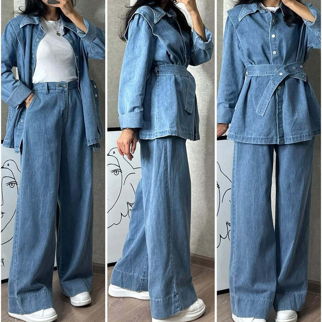 Womens Long-Sleeve Denim Jacket And Wide-Leg Jeans Two-Piece Set