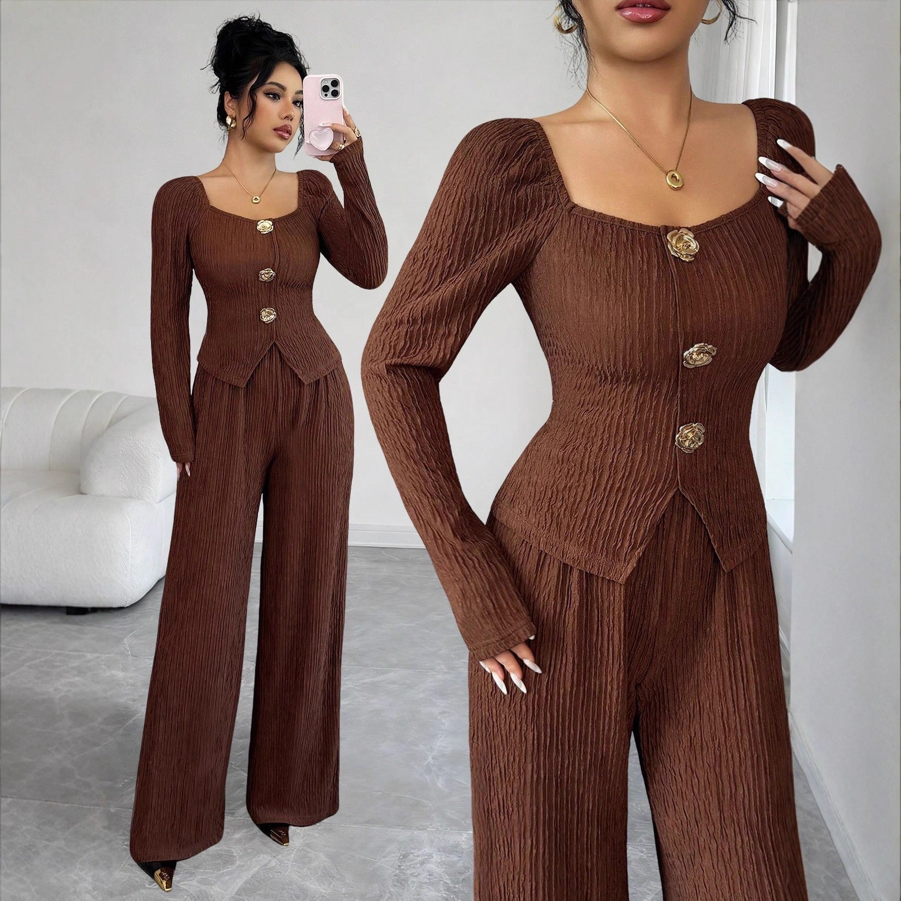 Metal Rose Buckle Slim-Fit Fashionable Womens Suit