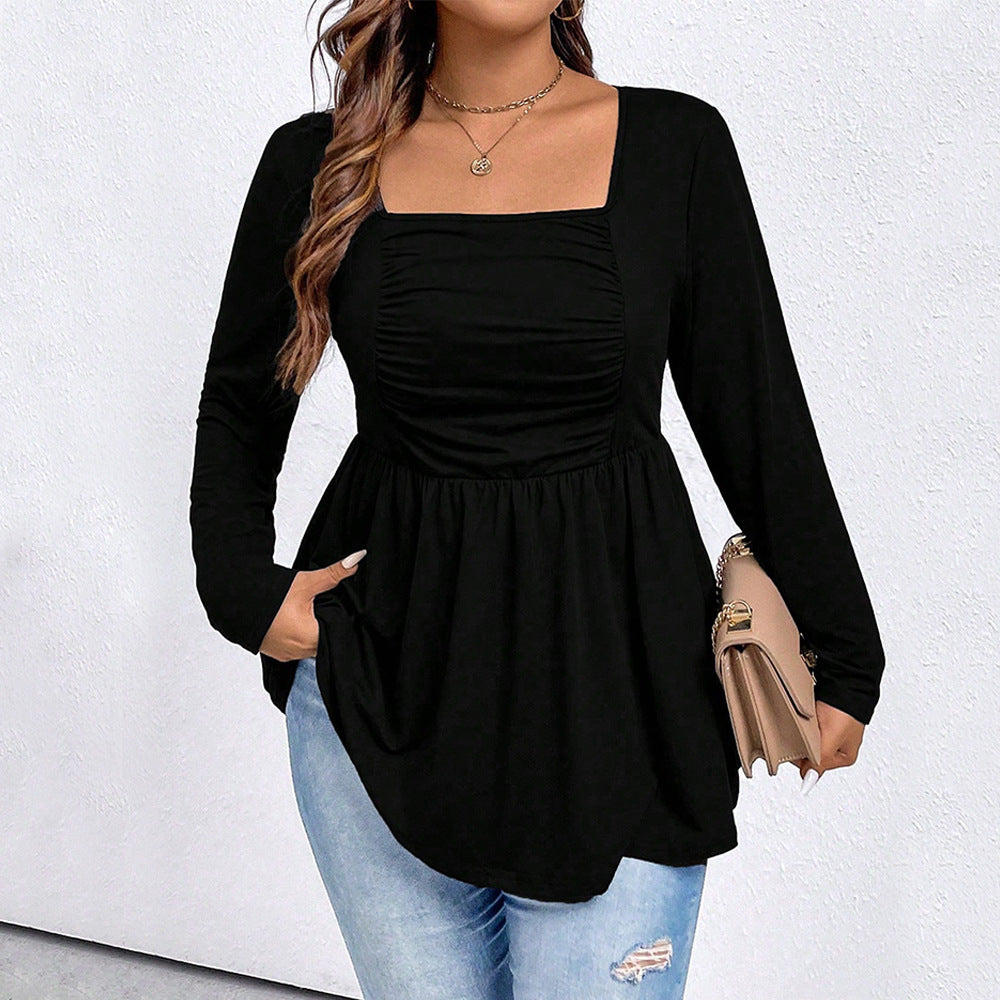 Women's Square-neck Knit Long-sleeve Loose Waist-slimming Solid-color Top