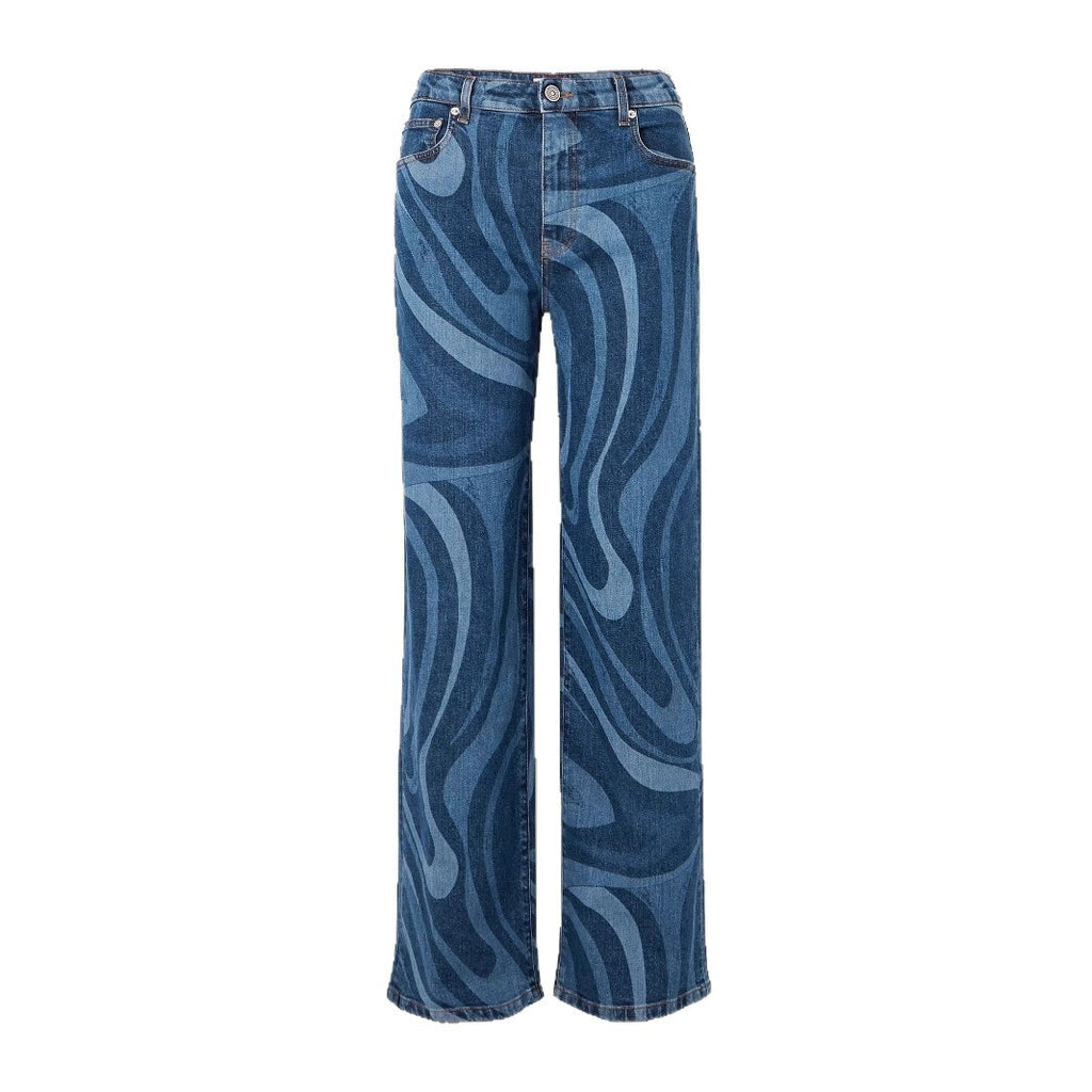 Women's Casual Water Wave Print Straight Leg Denim Pants
