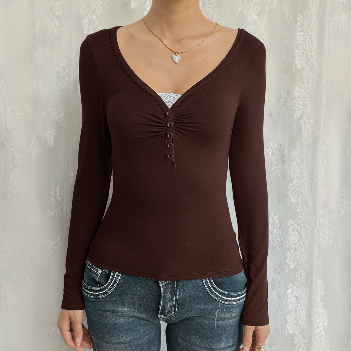 Womens Casual Patchwork Lace Long-Sleeve Top