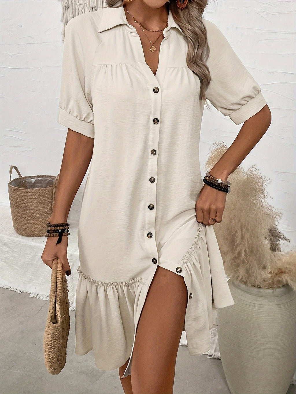 Solid-Color Single-Breasted New Puff-Sleeve Dress