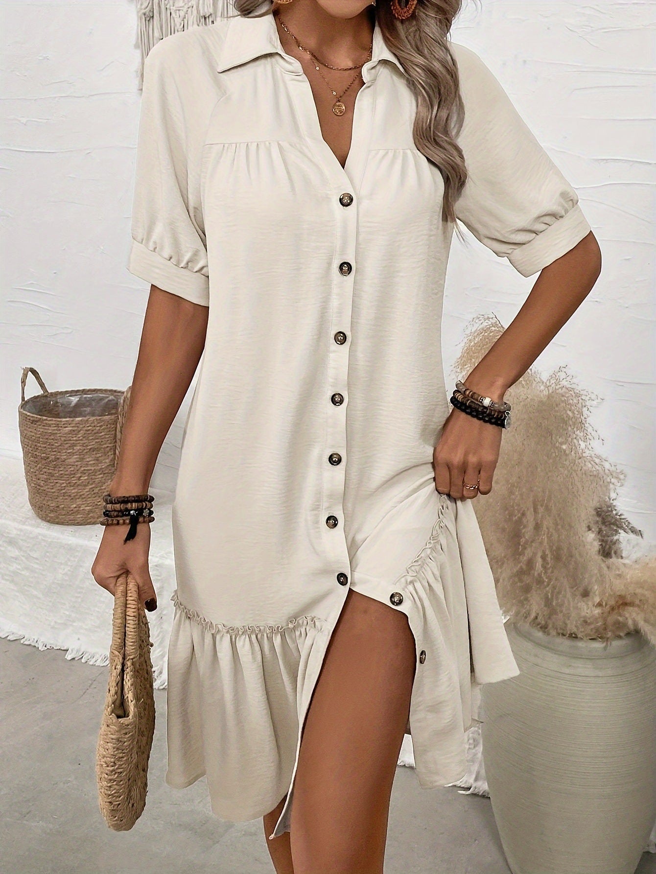 Solid-Color Single-Breasted New Puff-Sleeve Dress
