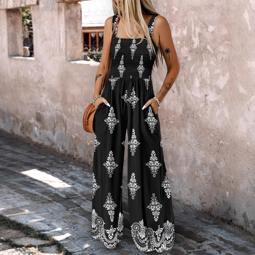 Woven Positioning Printing Women's Sling Pocket Wide Leg Jumpsuit
