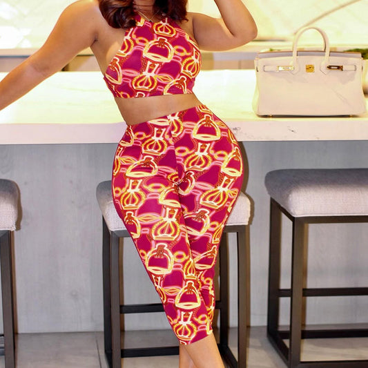 Women's Sexy Crop-top Tight-fitting Contrast Color Personalized Print Cropped Pants Set