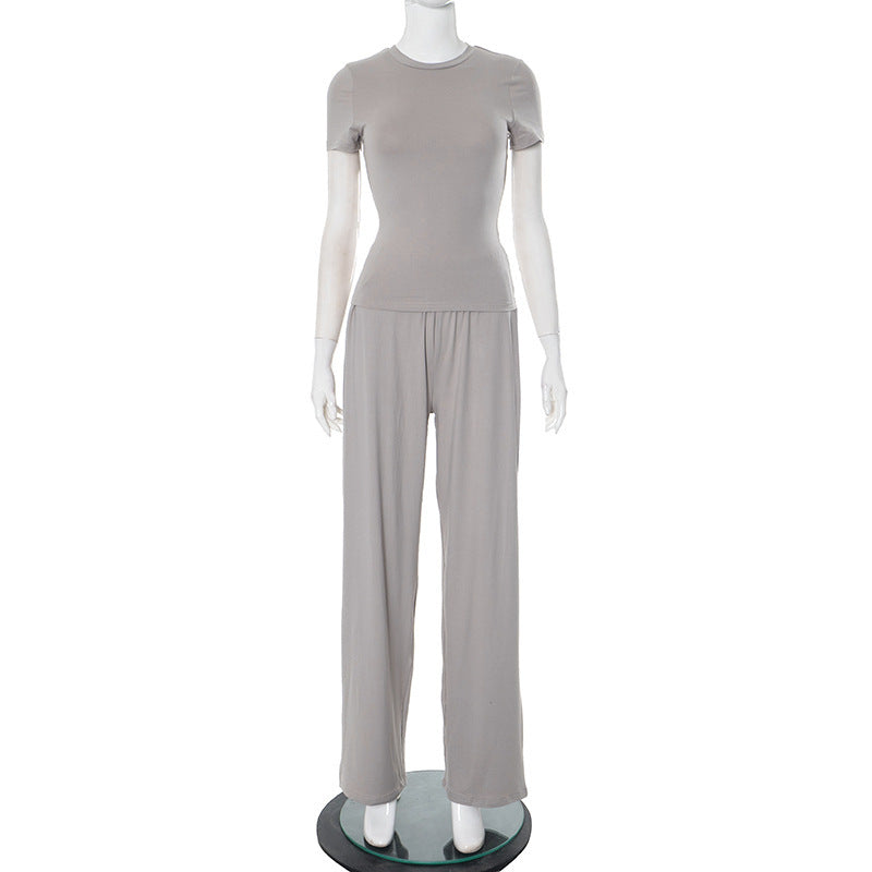 Spring And Summer Round Neck Solid Color Slim Fit Pullover Elastic Waist Wide Leg Trousers Suit