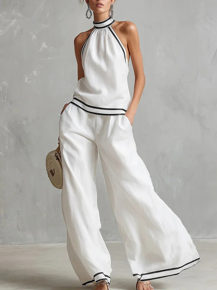 Striped Patchwork Halter-neck Sleeveless Wide-Leg Pants Set