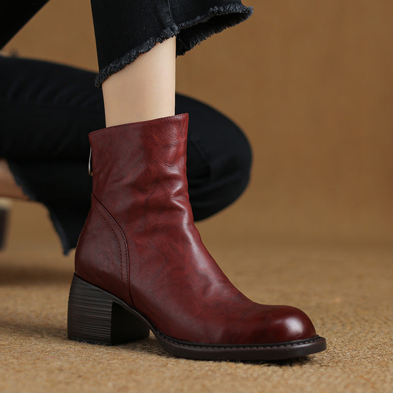 French-Style Retro Brown Round-Toe Ankle Boots