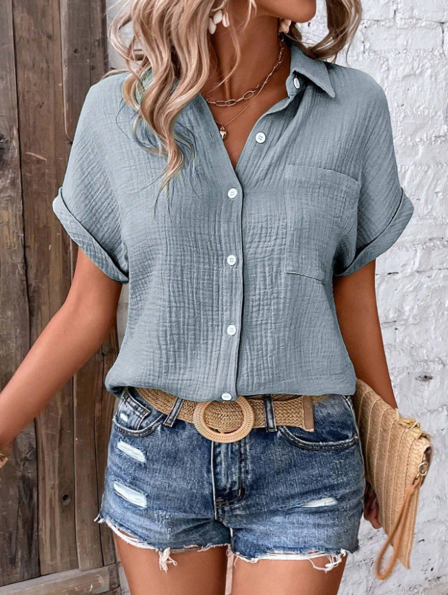 Summer New Women's Pure Cotton Shirt Solid Color Casual Button Shirt With Pocket