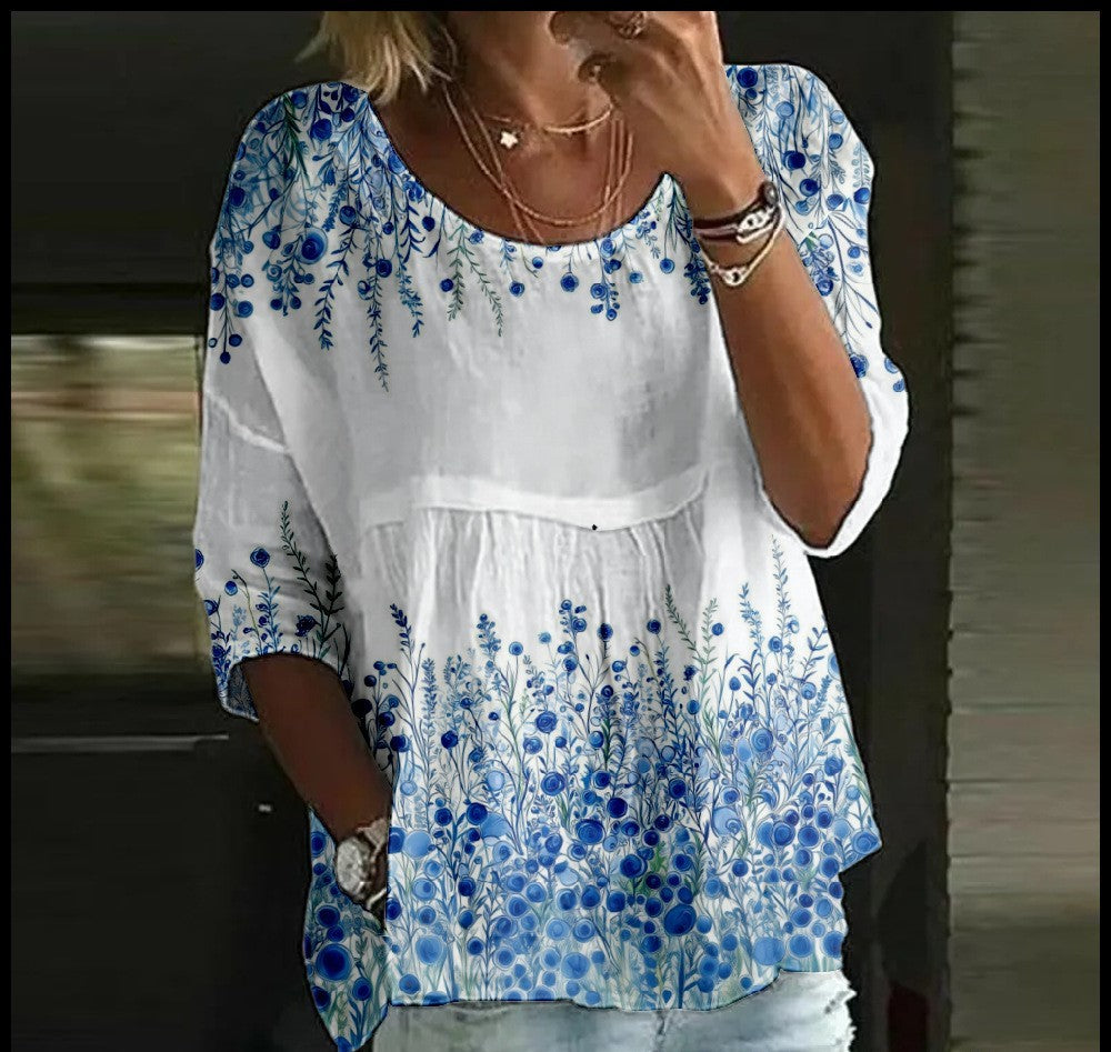 Women's T-shirt Casual Spider Bat Digital Print Mid Sleeve Pleated Round Neck Top