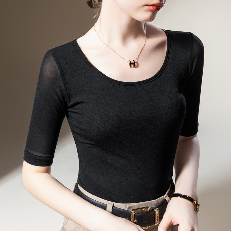 Women's Elegant Scoop Mesh T-shirt Solid Color Waist Stretch Top