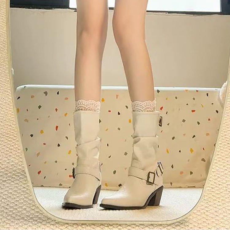 Retro Mid-calf Stacked Pointed-toe Chunky-heel Boots