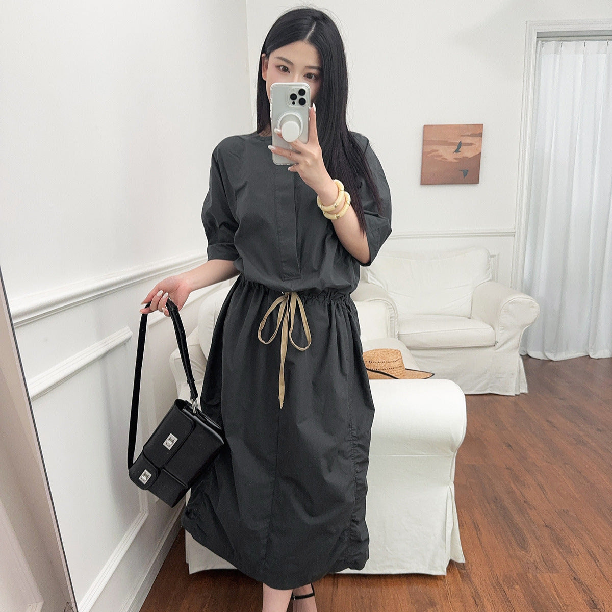 French Parachute Drawstring Waist Dress Round Neck