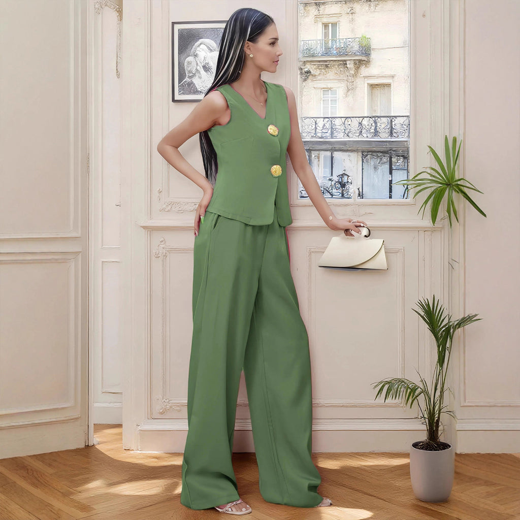 Women's Fashion Button Vest Pants Casual Two-Piece Set